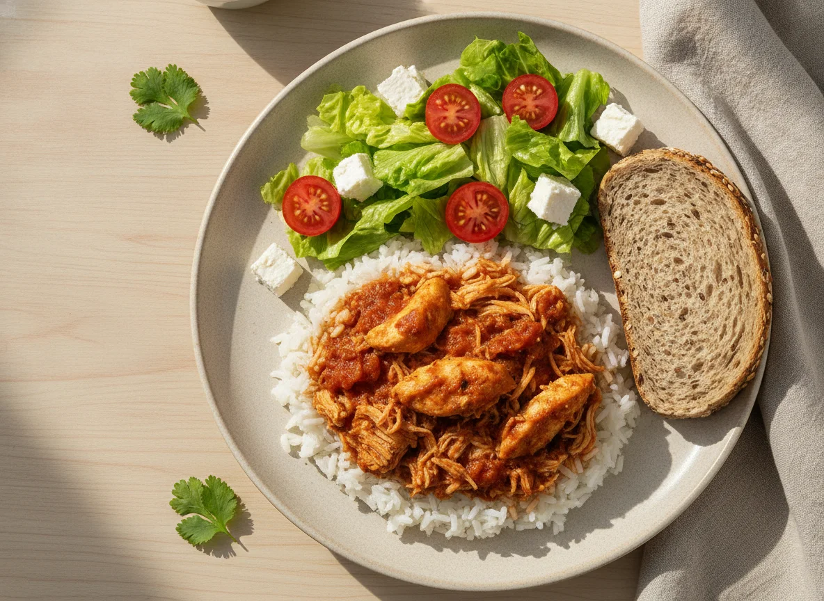 Arroz con pollo, ensalada y pan de cereales photo