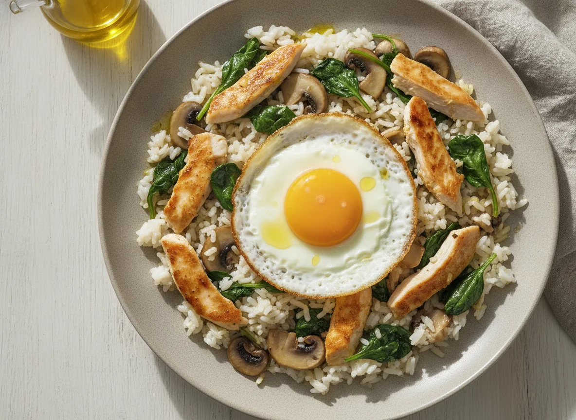 Arroz con pollo, espinacas, champiñones y huevo frito photo