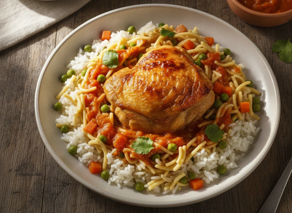 Arroz con pollo, fideos y guisantes photo