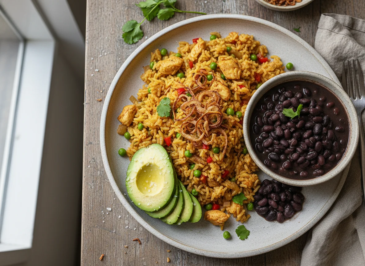 Arroz con pollo, frijoles negros y aguacate photo