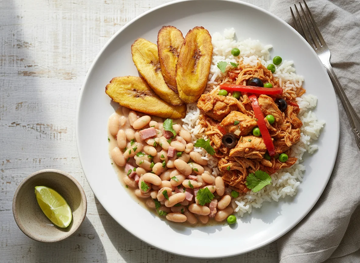 Arroz con pollo, frijoles y plátano photo