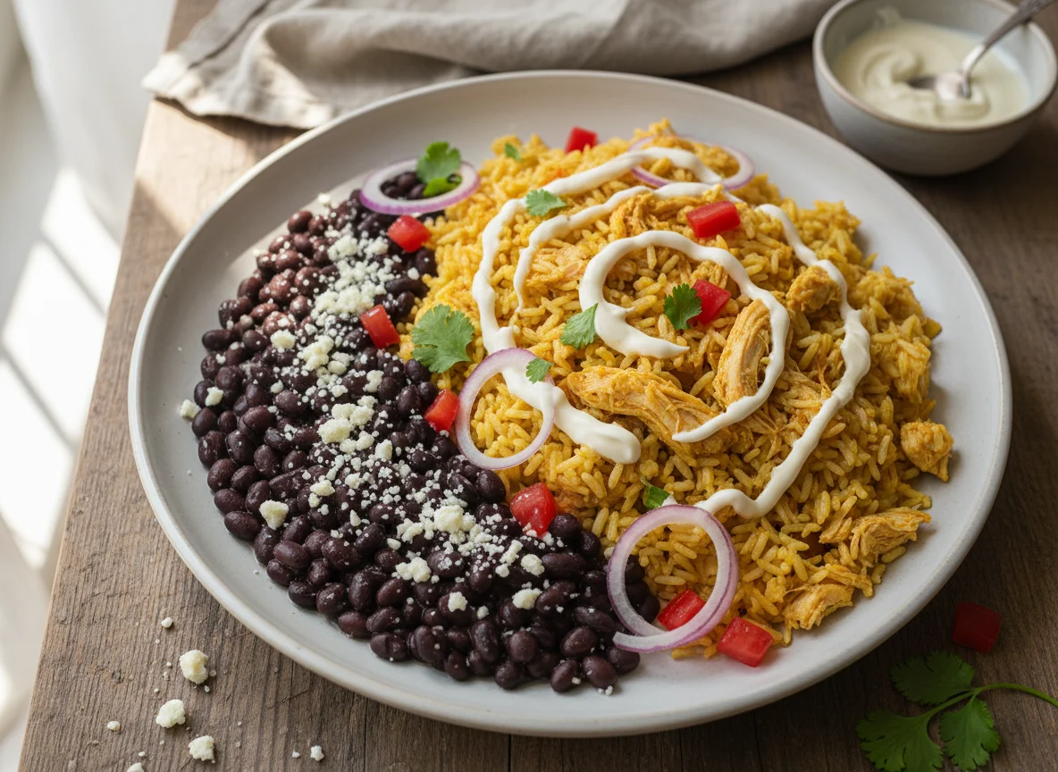 Arroz con pollo, frijoles y queso photo