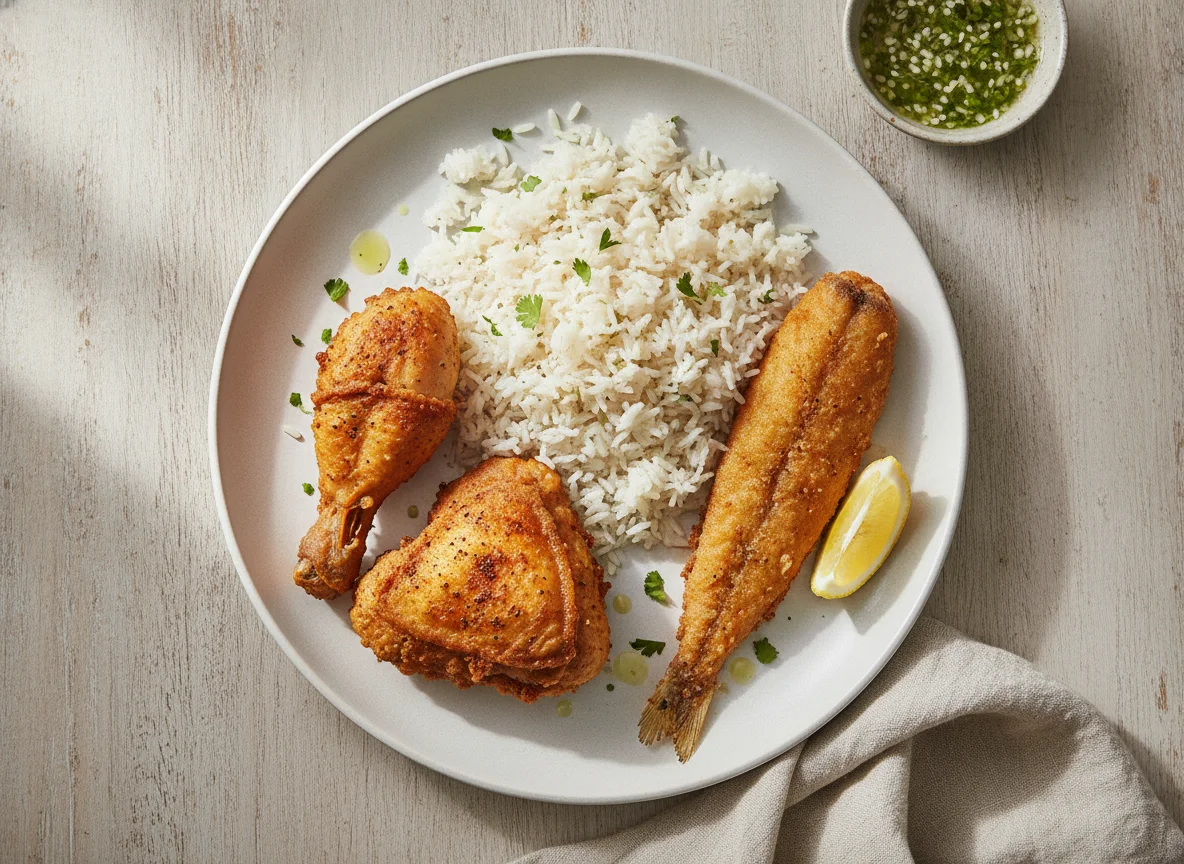 Arroz con pollo frito y pescado photo
