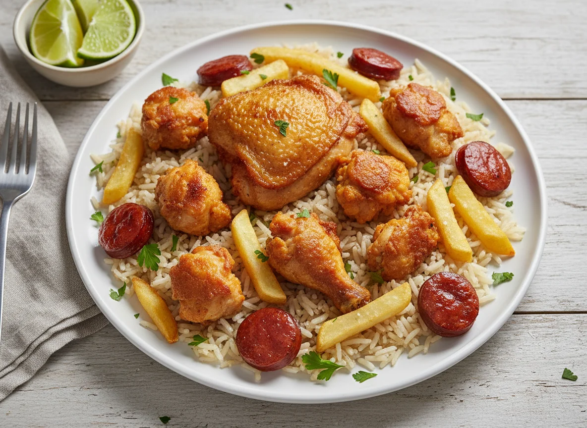 Arroz con pollo frito y salchicha photo