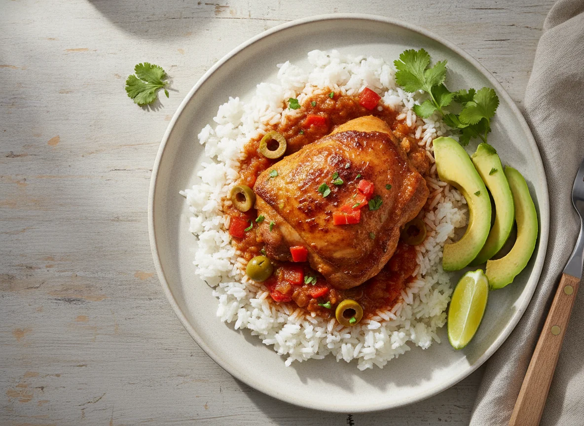 Arroz con pollo guisado y aguacate photo