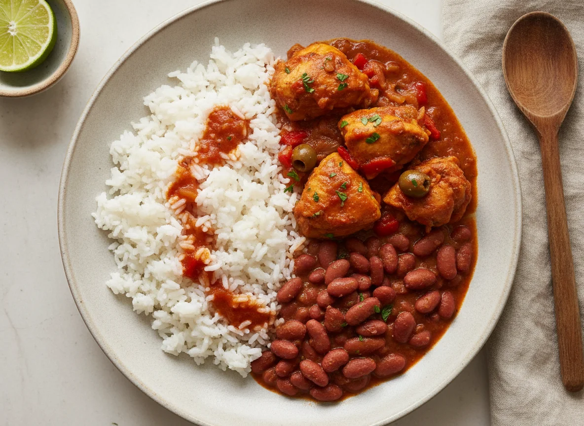Arroz con pollo guisado y porotos photo