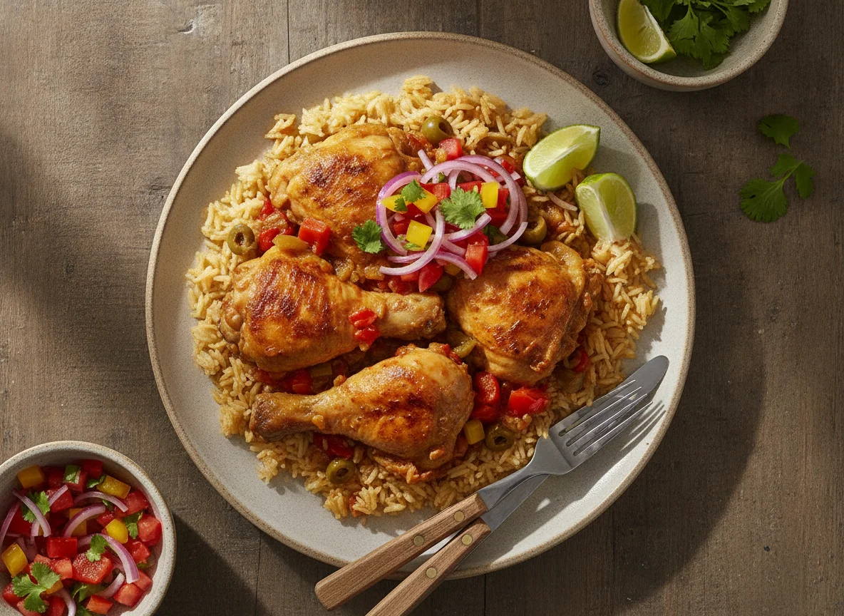 Arroz con pollo guisado y salsa criolla photo