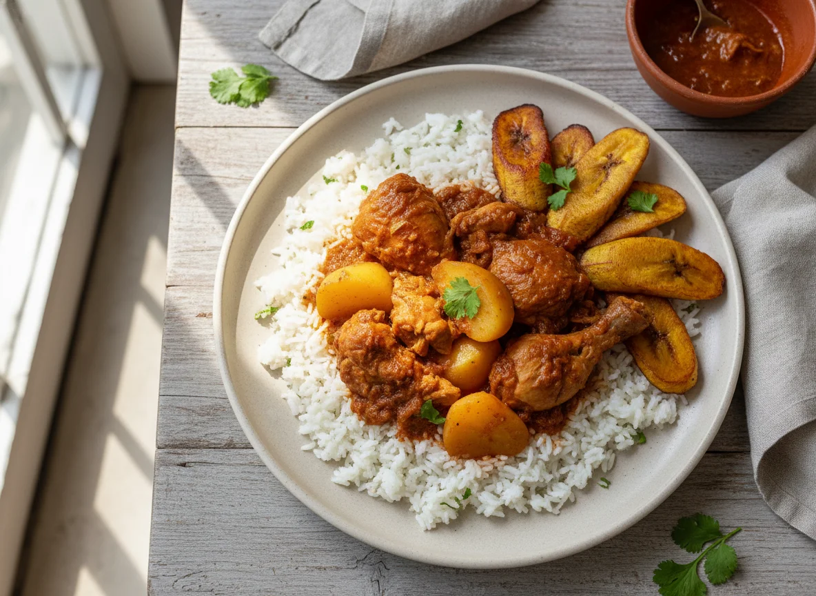 Arroz con pollo guisado y tajadas photo