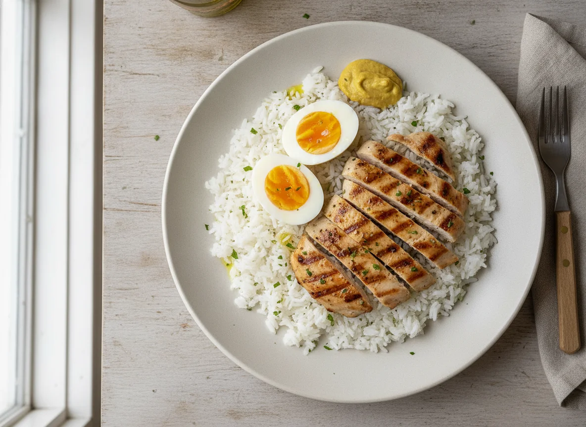 Arroz con pollo, huevo cocido y mostaza photo