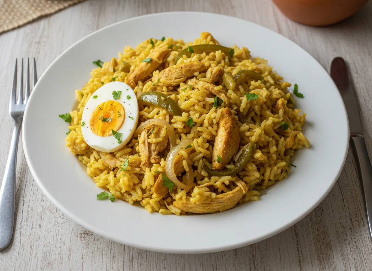 Arroz con pollo, huevo y vegetales photo