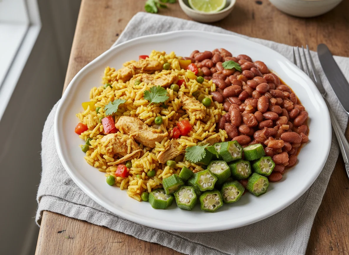 Arroz con pollo, judías y okra photo