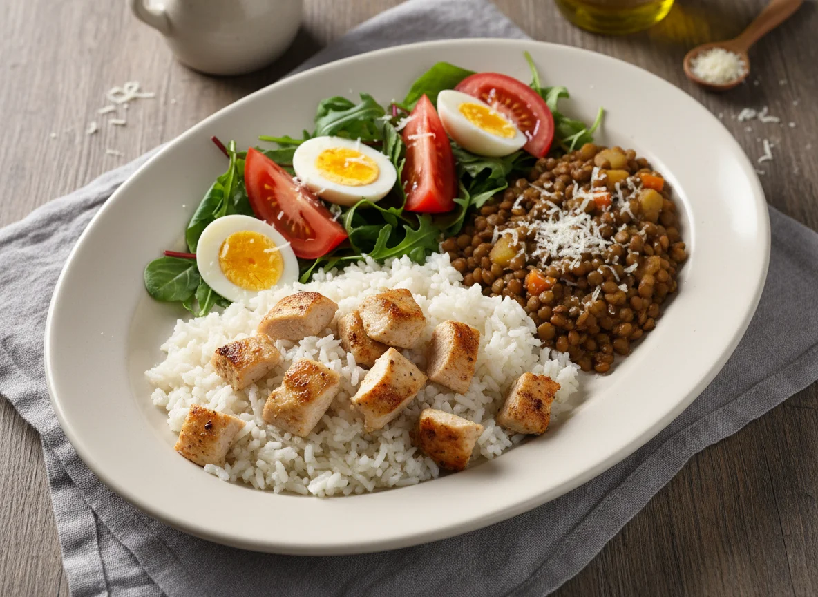Arroz con pollo, lentejas y ensalada photo