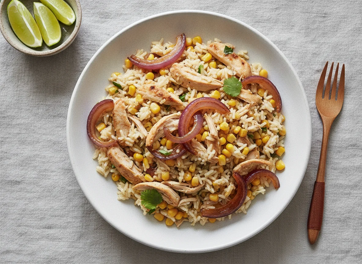 Arroz con pollo, maíz y cebolla caramelizada photo