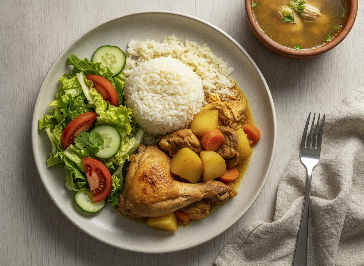 Arroz con pollo, papas, ensalada y sopa photo