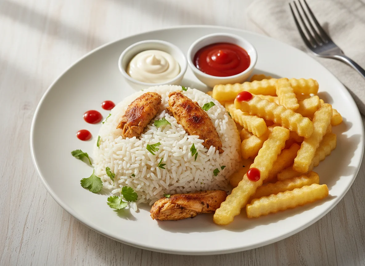 Arroz con pollo, papas fritas y salsas photo
