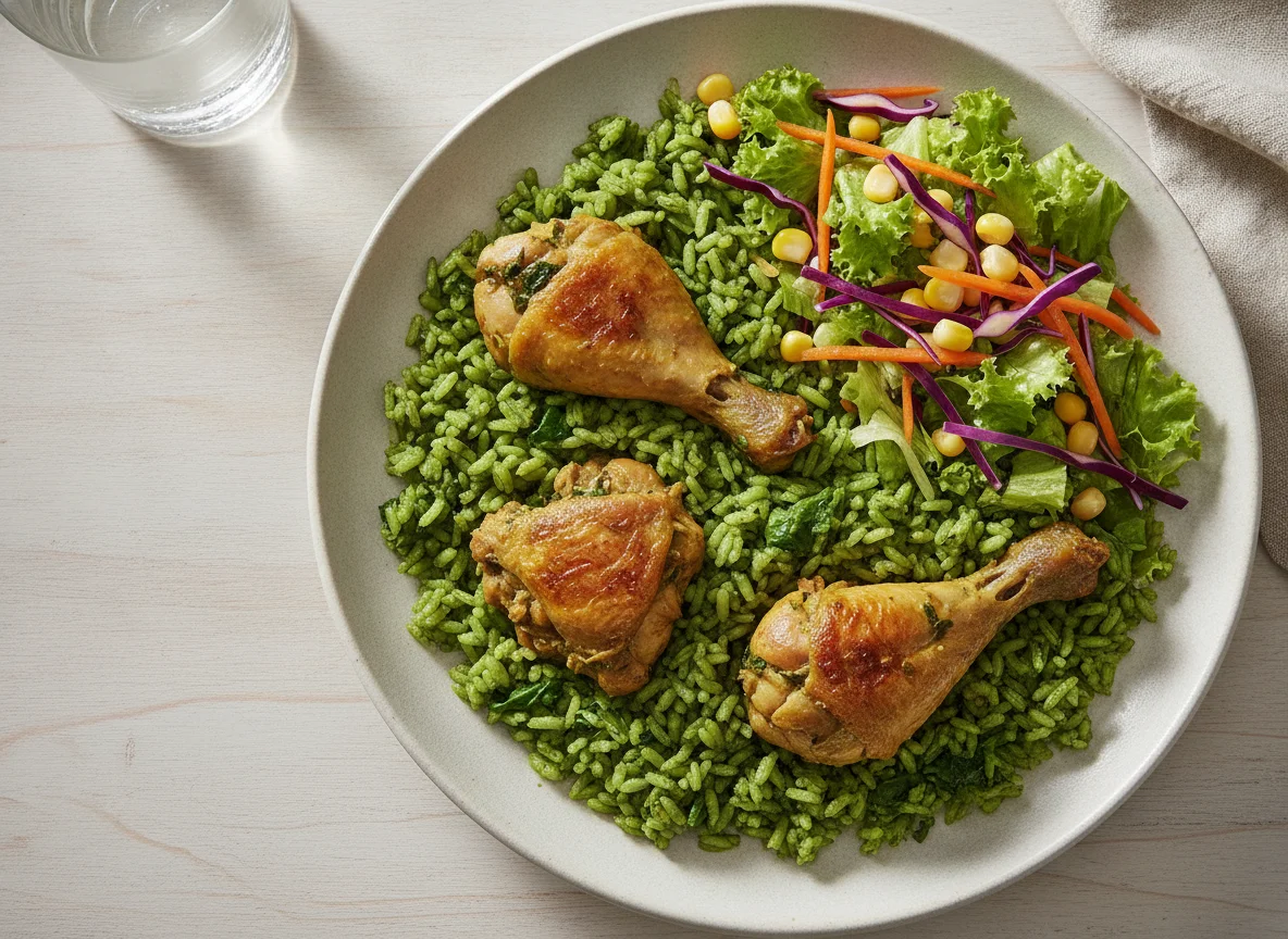 Arroz con pollo peruano con ensalada mixta photo