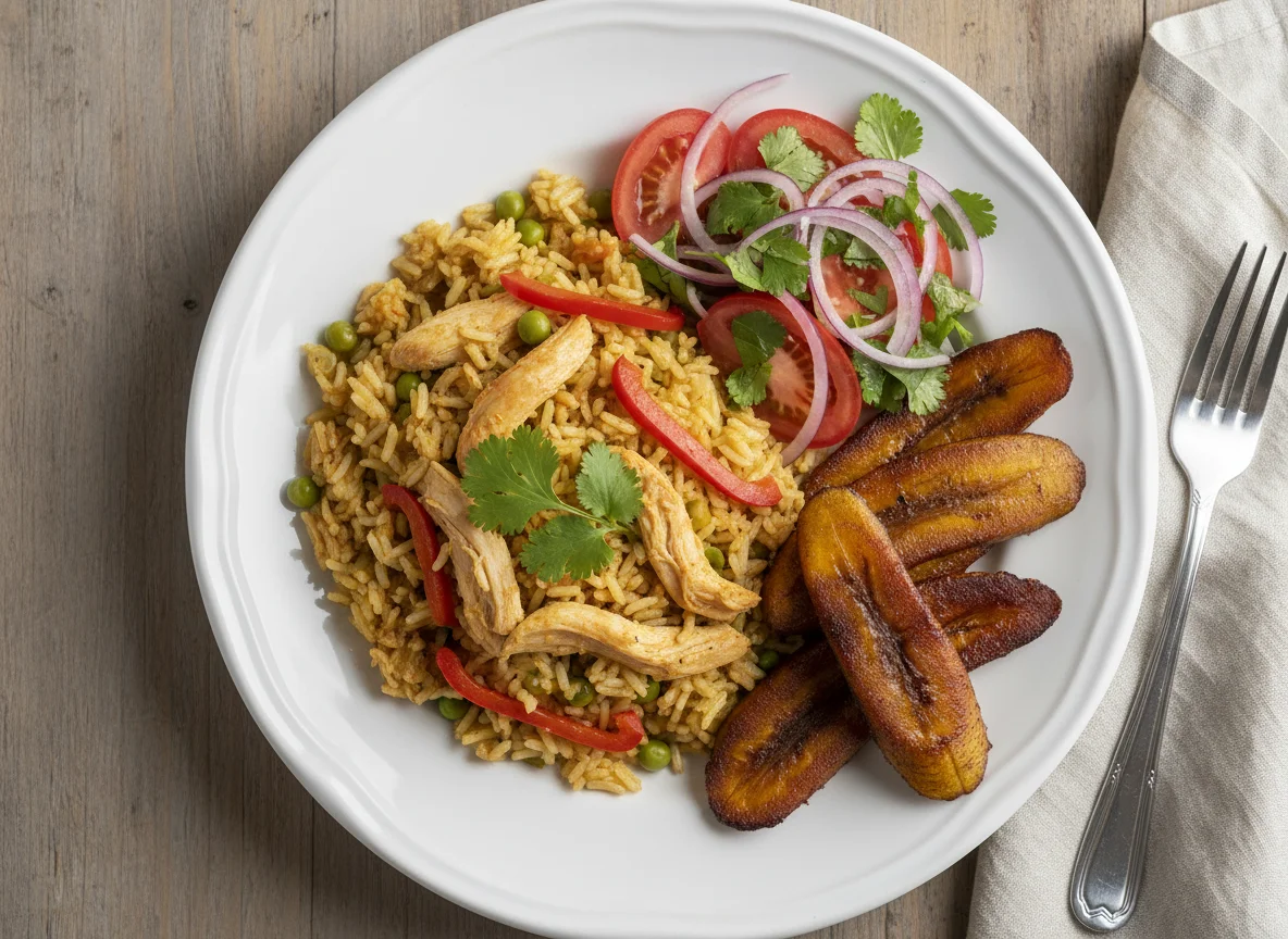 Arroz con pollo, plátano maduro asado y ensalada photo