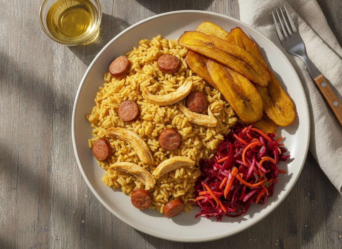 Arroz con pollo, salchichas, tajadas y ensalada de remolacha photo