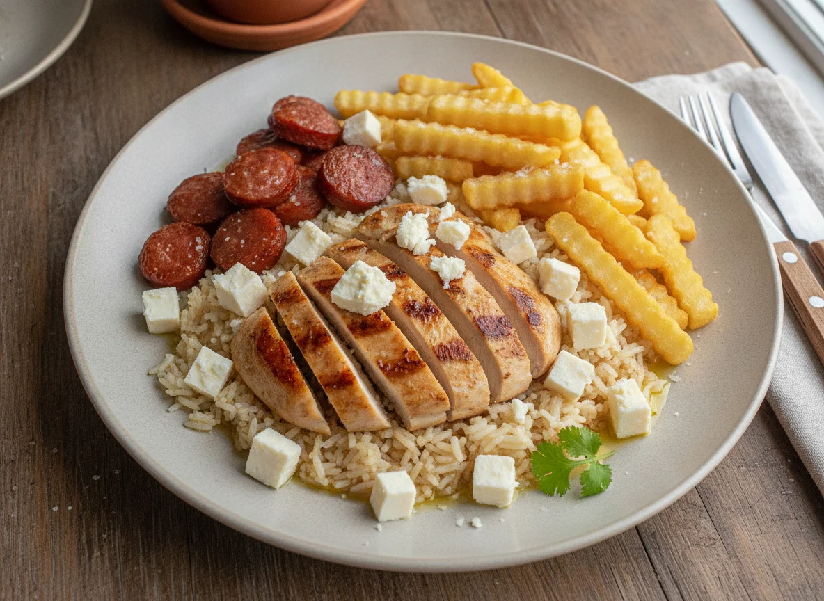 Arroz con pollo, salchichón, papas fritas y queso photo