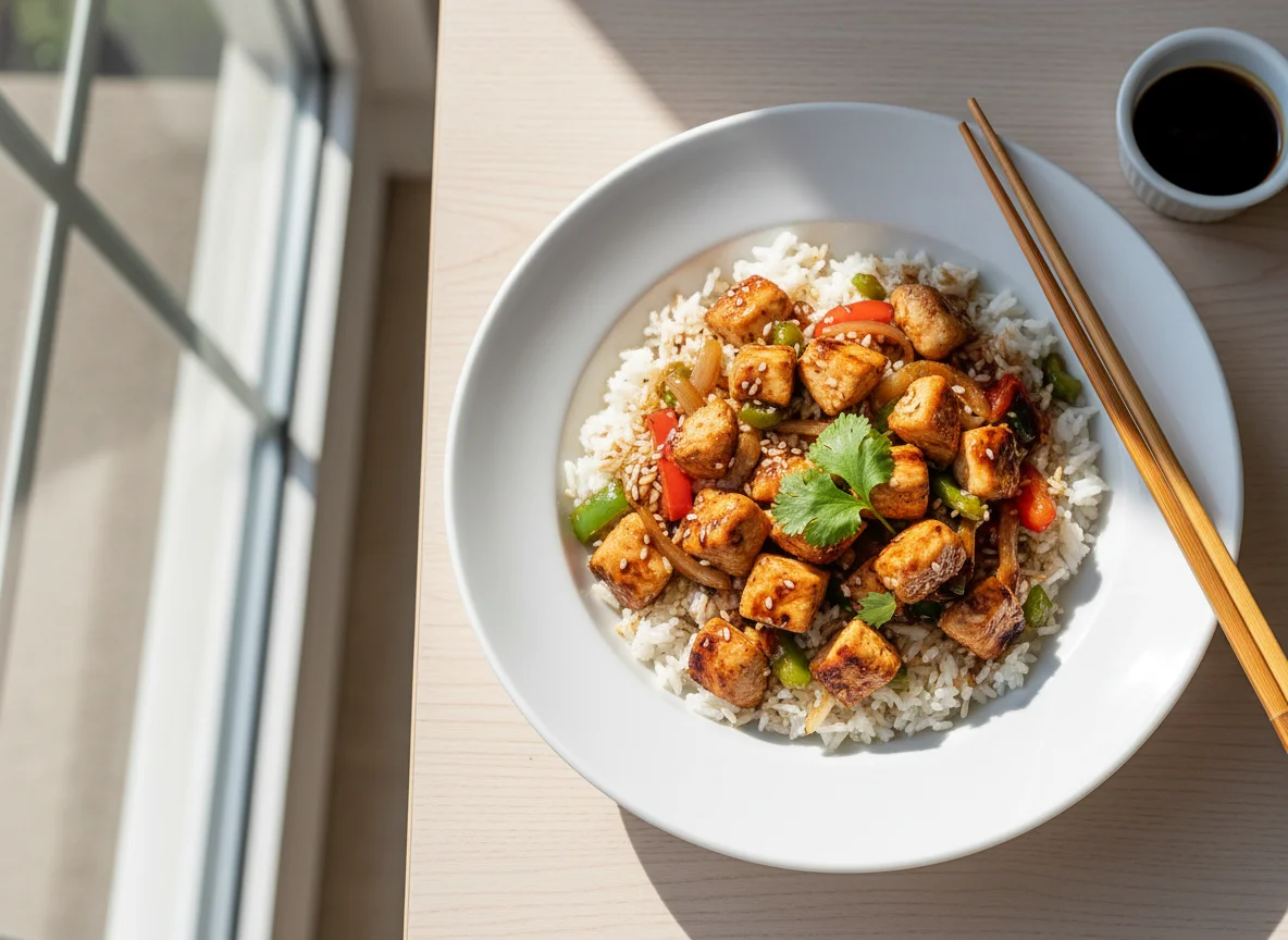 Arroz con pollo salteado y verduras photo