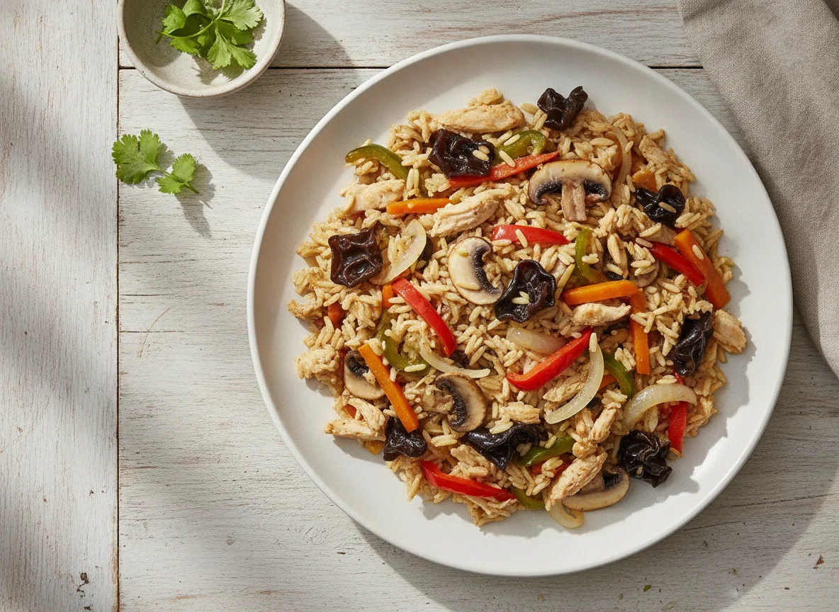 Arroz con pollo, setas y verduras photo