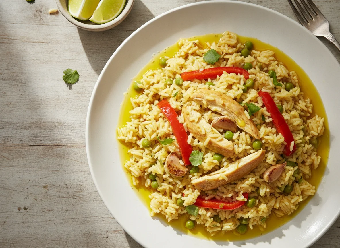 Arroz con pollo y aceite photo