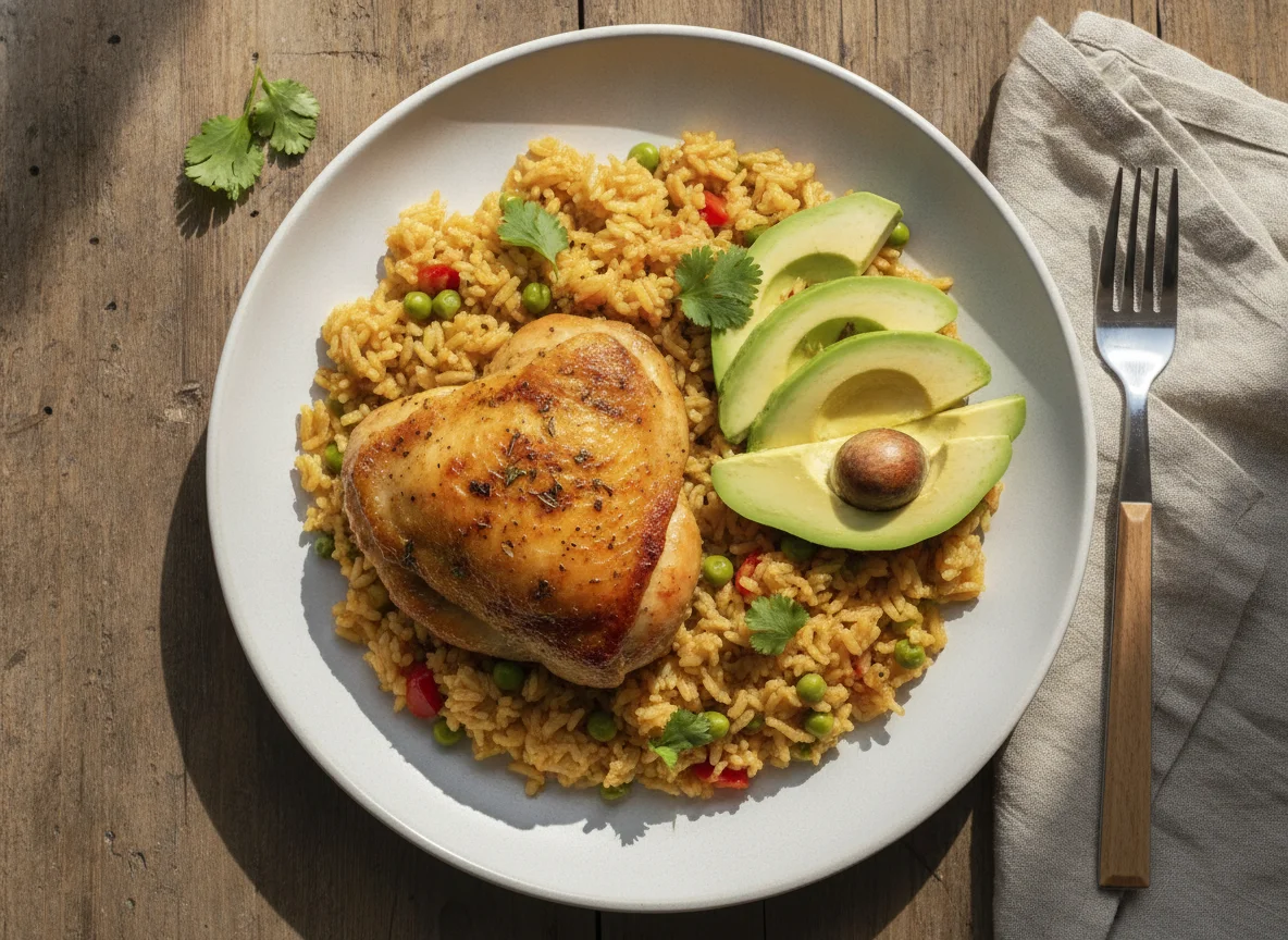 Arroz con pollo y aguacate photo
