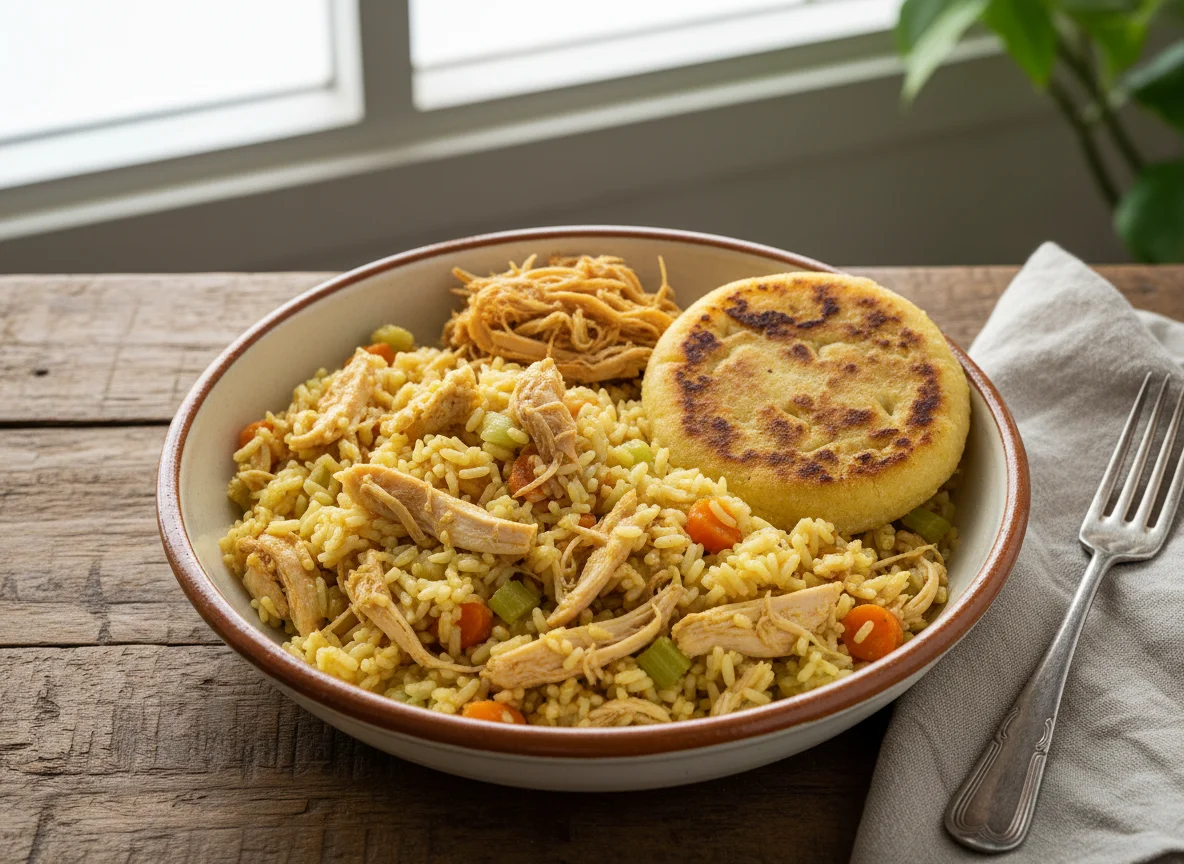 Arroz con pollo y arepa photo