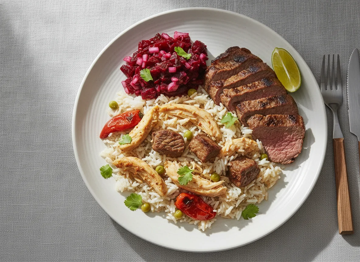 Arroz con pollo y carne photo