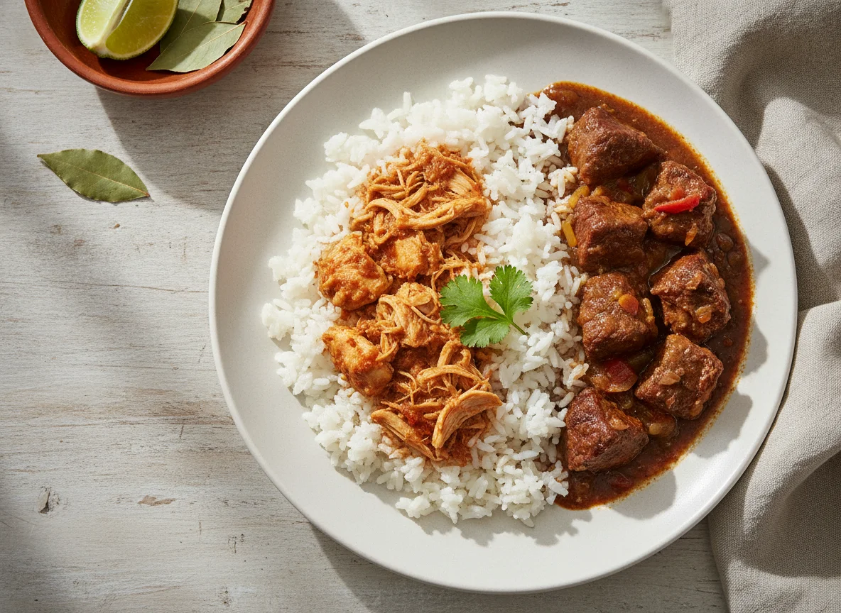 Arroz con pollo y carne estofada photo