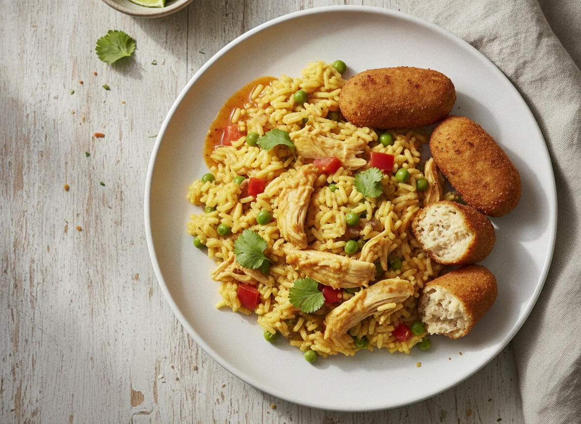 Arroz con pollo y croquetas photo