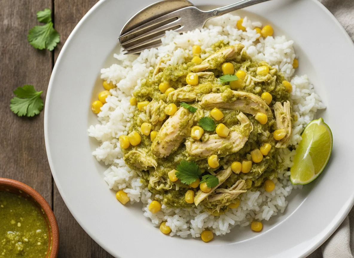 Arroz con pollo y elote en salsa verde photo