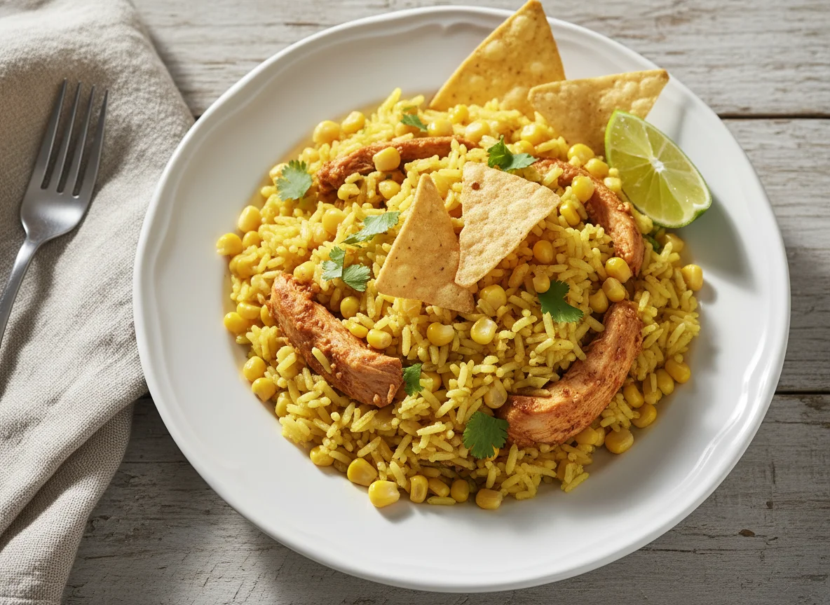 Arroz con pollo y elote photo