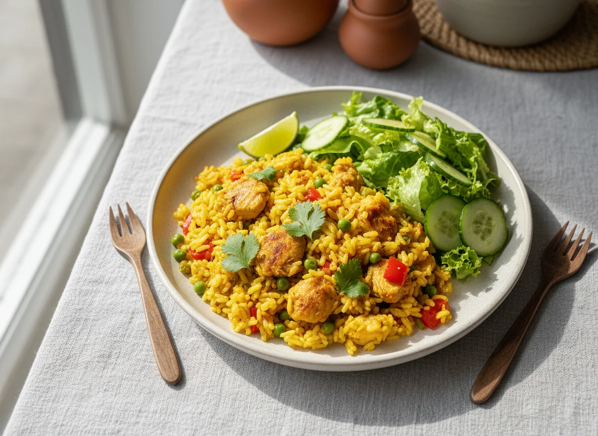 Arroz con pollo y ensalada photo