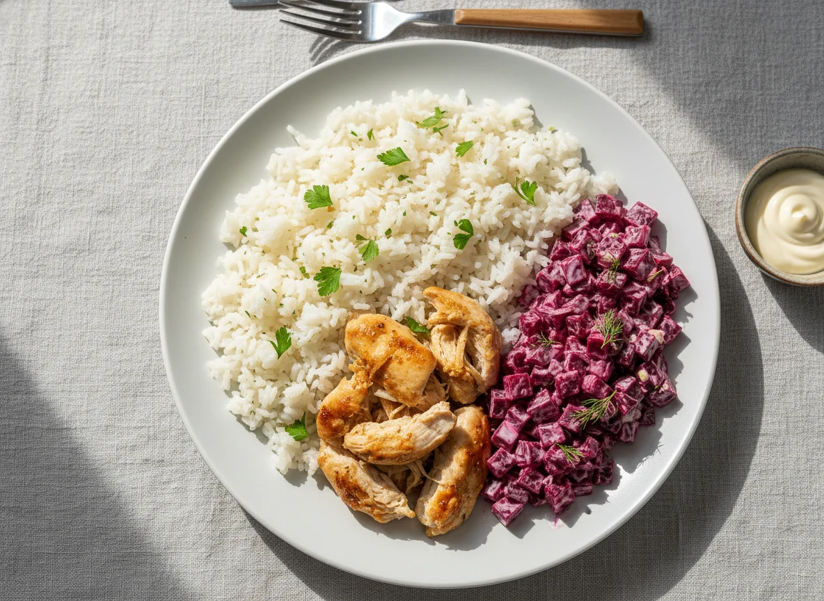 Arroz con pollo y ensalada de remolacha photo