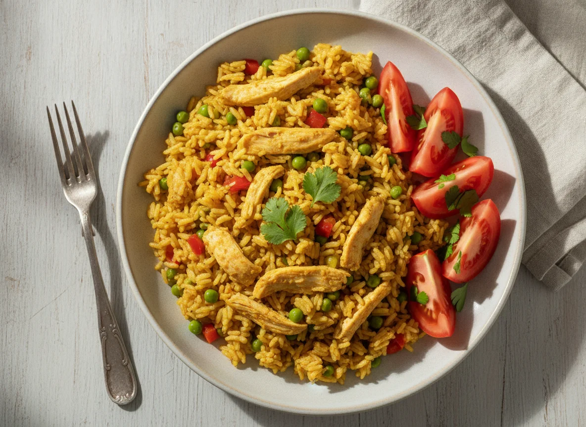 Arroz con pollo y ensalada de tomate photo