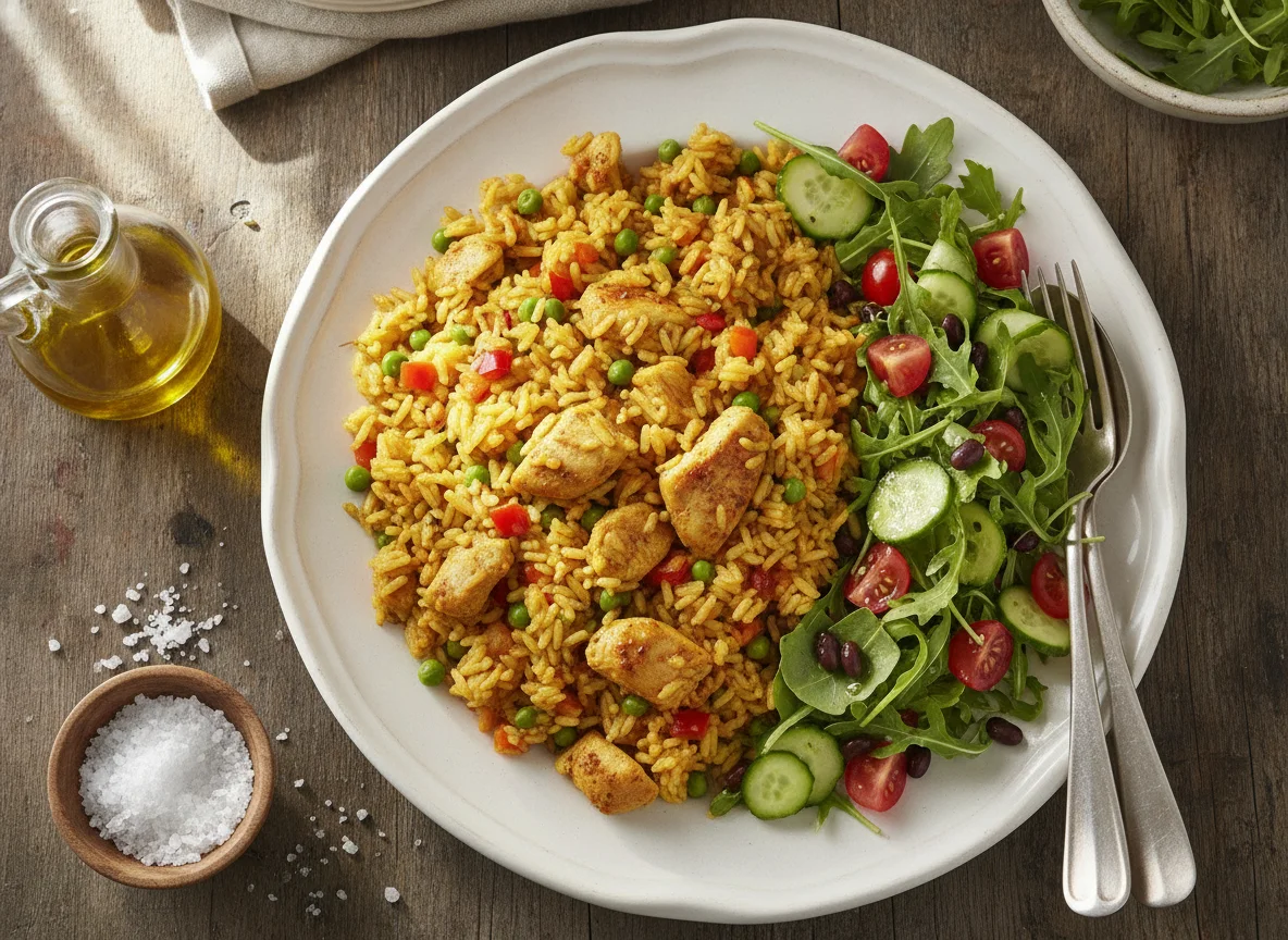 Arroz con pollo y ensalada fresca photo