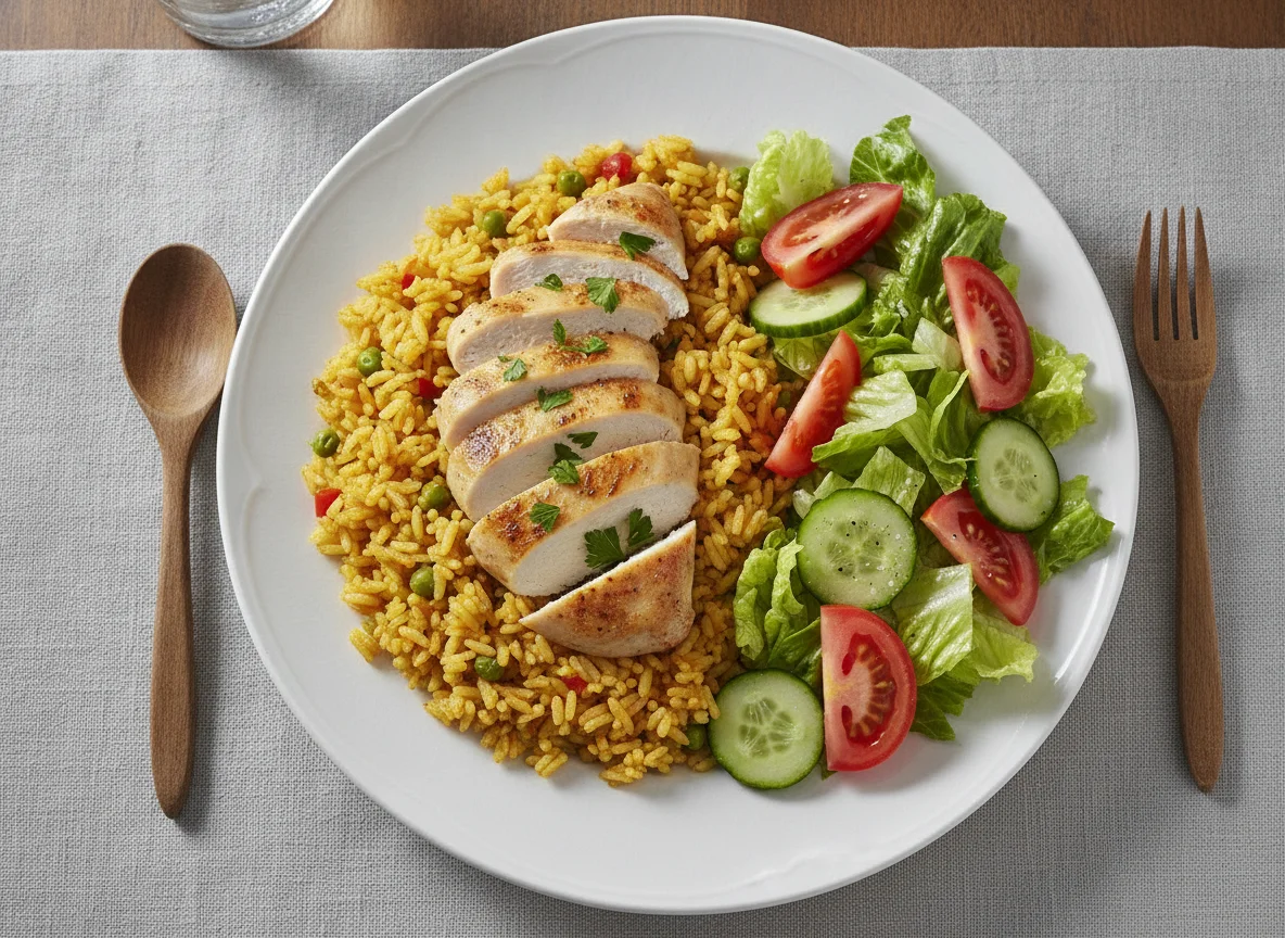 Arroz con pollo y ensalada mixta photo