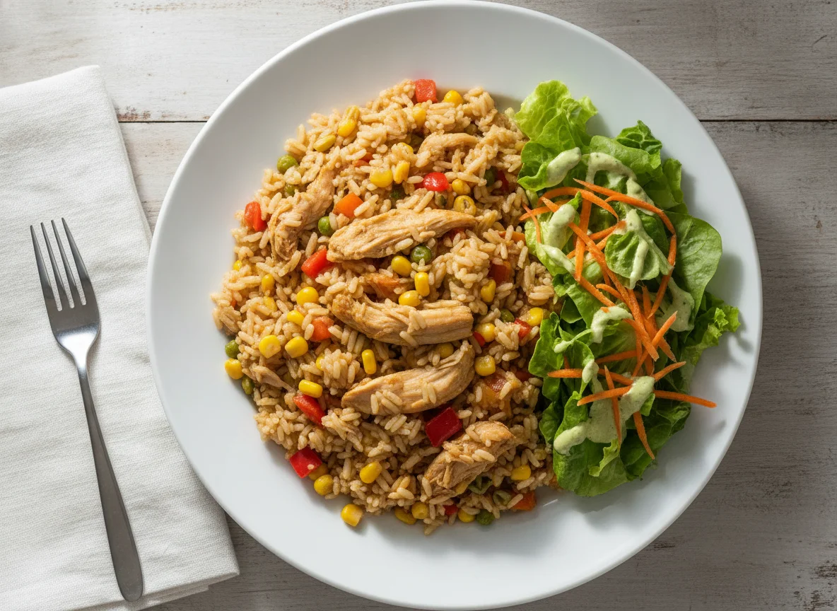 Arroz con pollo y ensalada verde photo