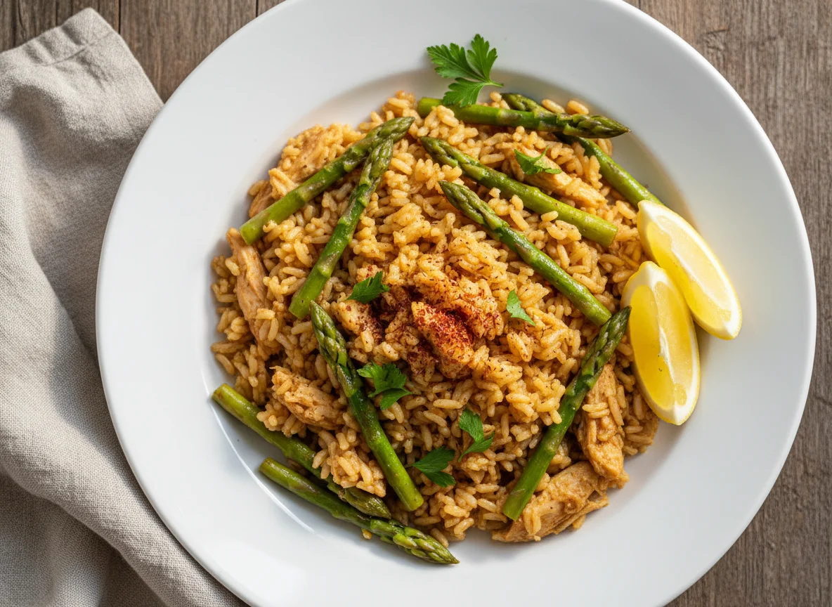 Arroz con pollo y espárragos photo