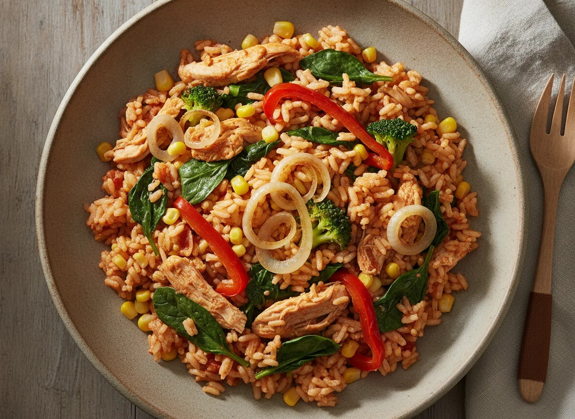 Arroz con pollo y espinacas photo