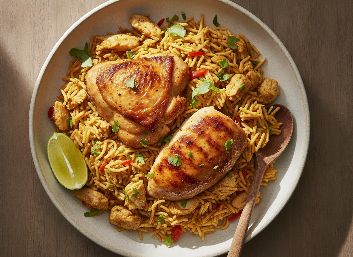 Arroz con pollo y fideos photo