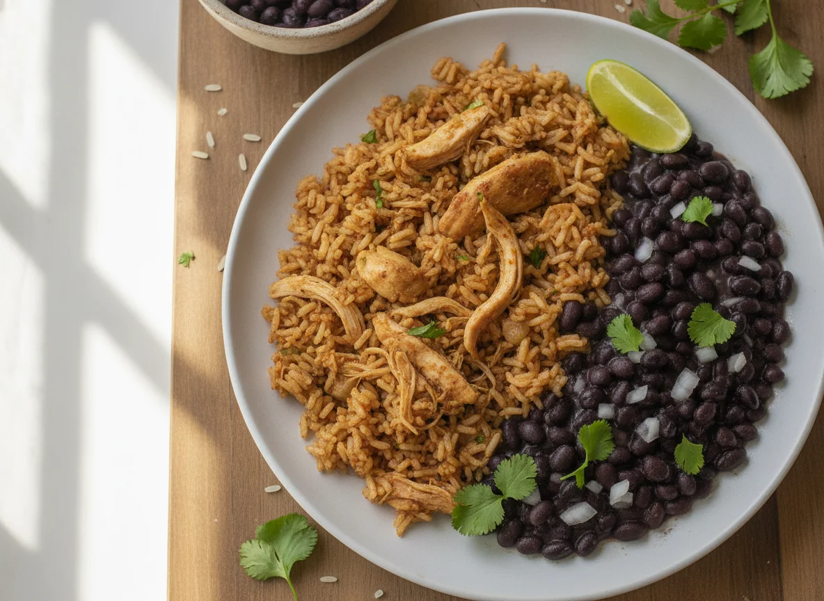 Arroz con pollo y frijoles negros photo