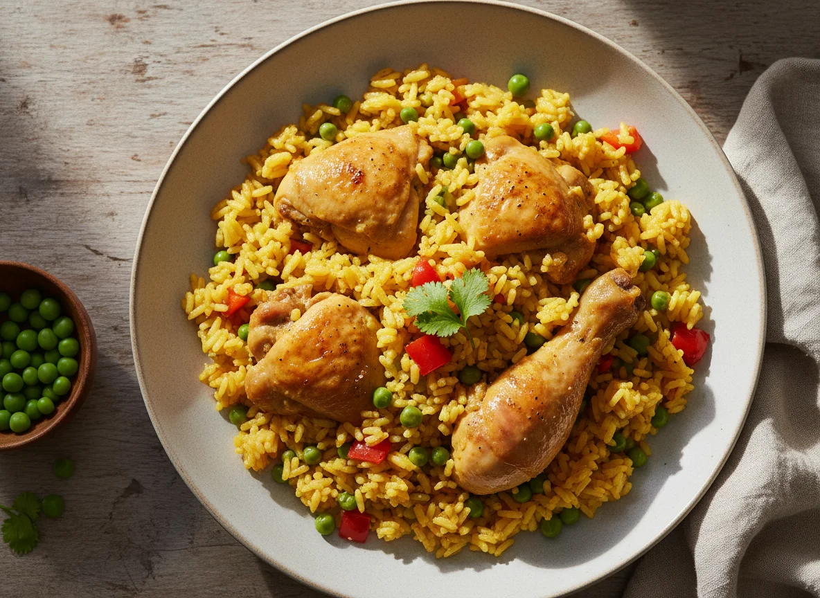 Arroz con pollo y guisantes photo