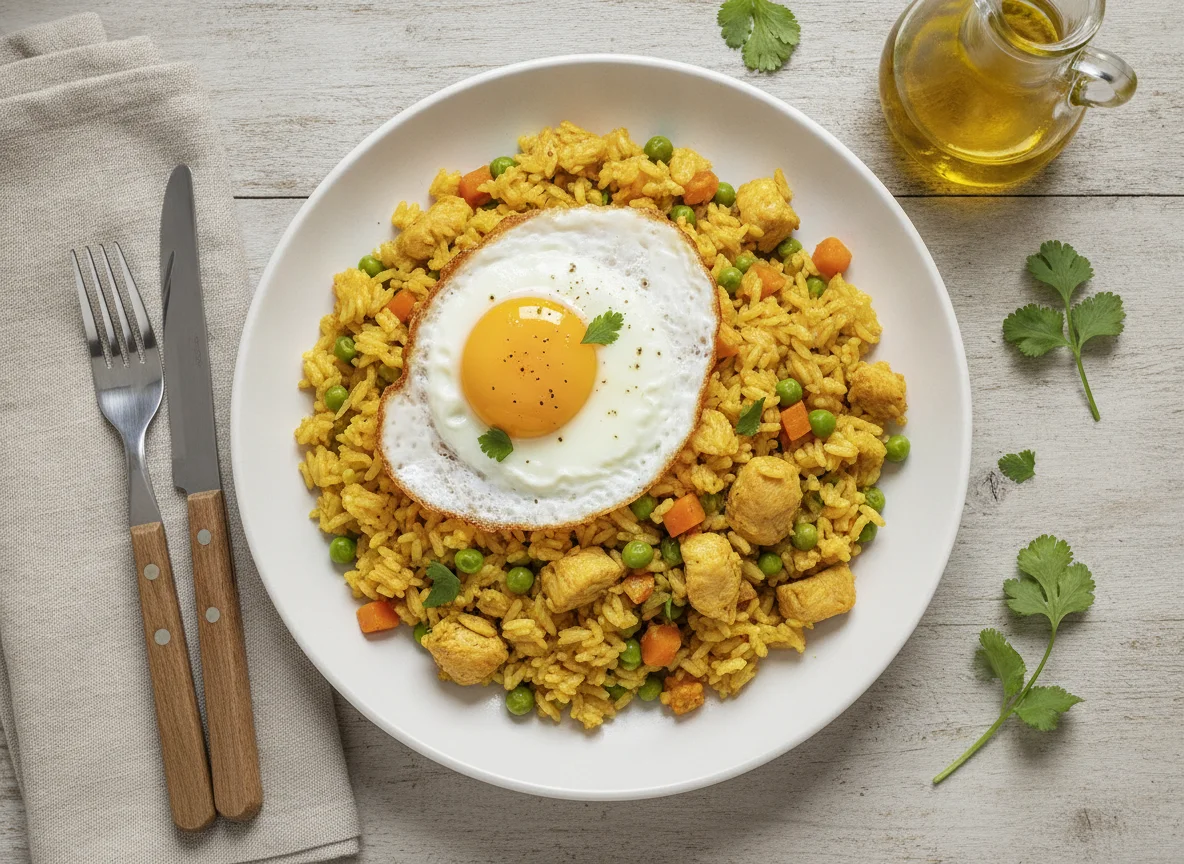 Arroz con pollo y huevo frito photo