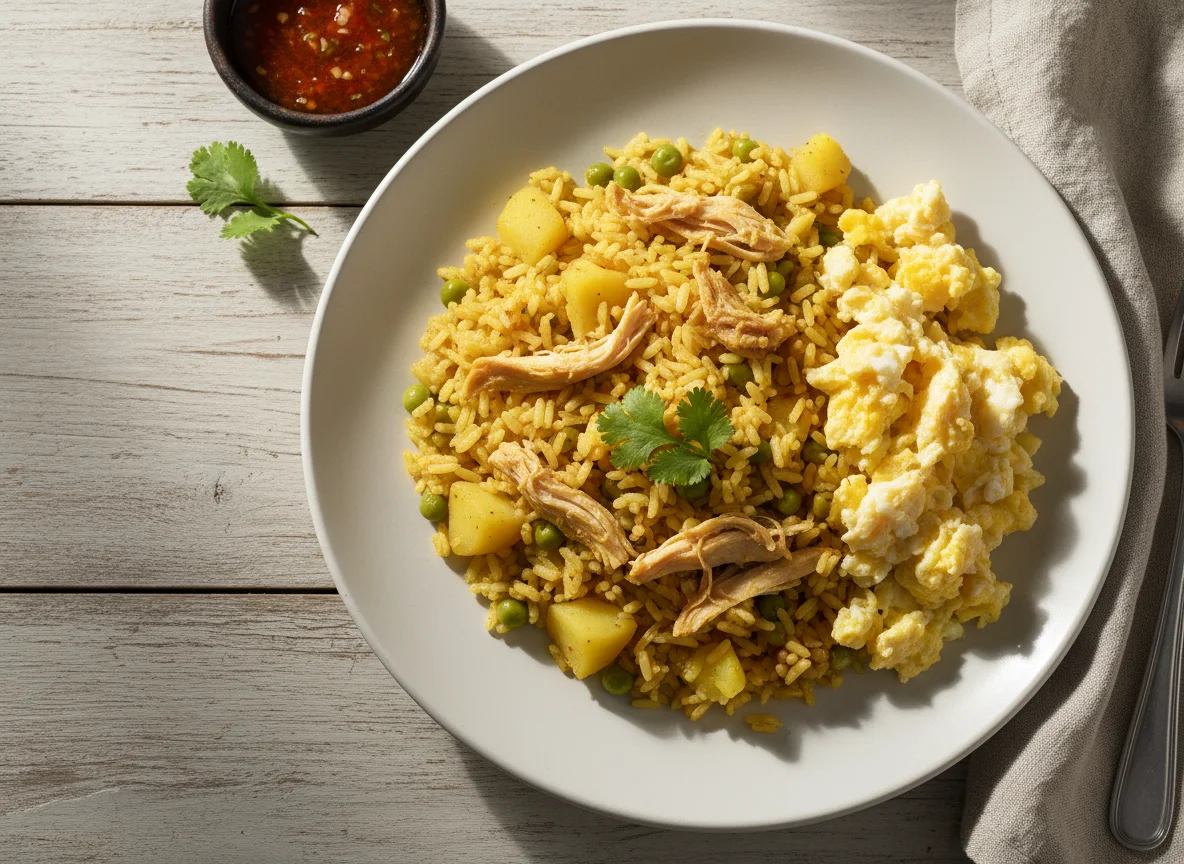 Arroz con pollo y huevo photo