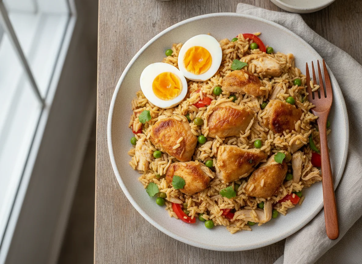 Arroz con pollo y huevos cocidos photo