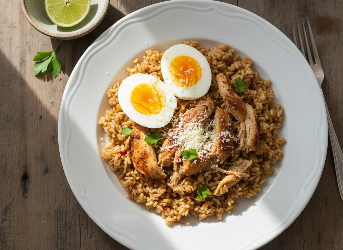 Arroz con pollo y huevos duros photo