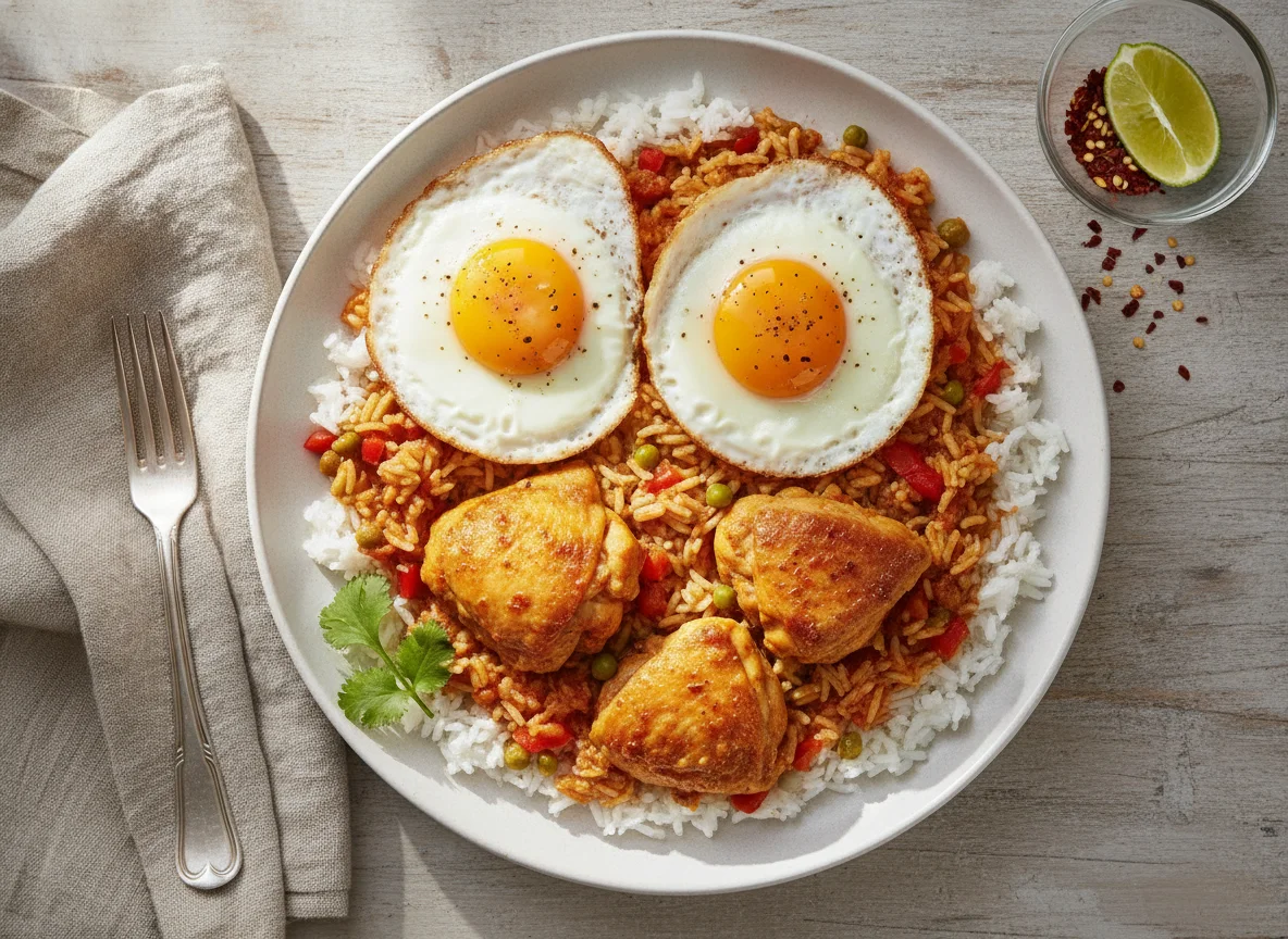 Arroz con pollo y huevos fritos photo