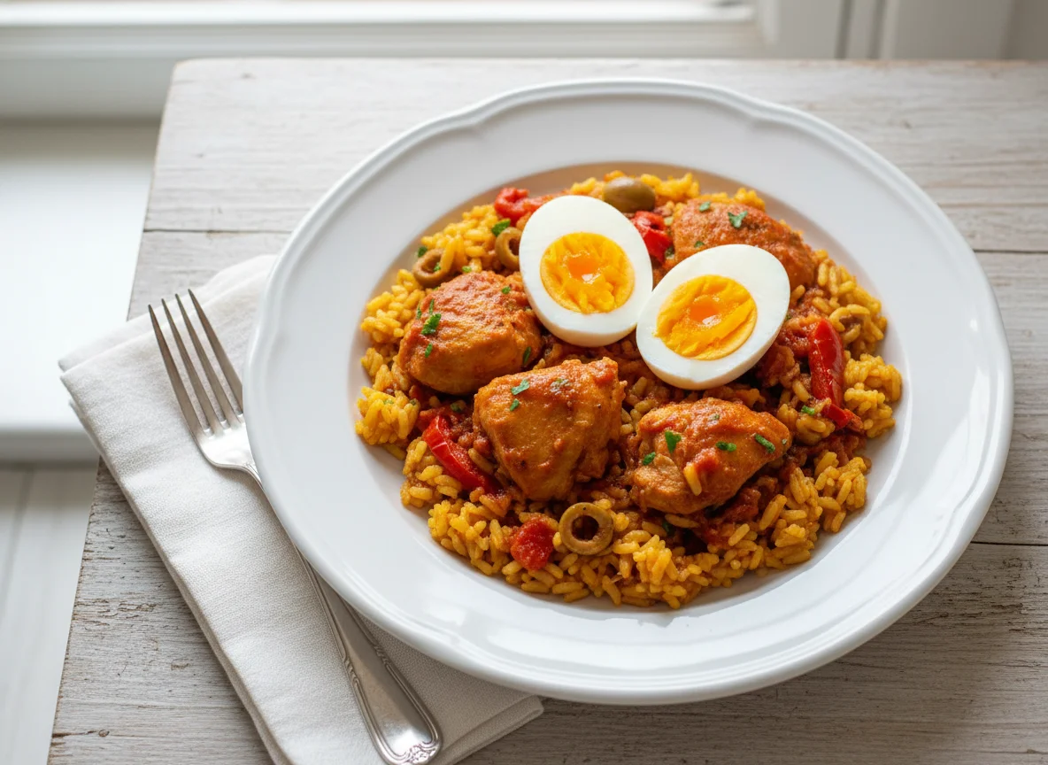 Arroz con pollo y huevos photo